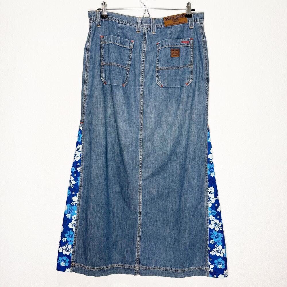 Vintage 90s Lucky Brand Reworked Denim Maxi Skirt Hawaiian Hibiscus Upcycled - Picture 4 of 8
